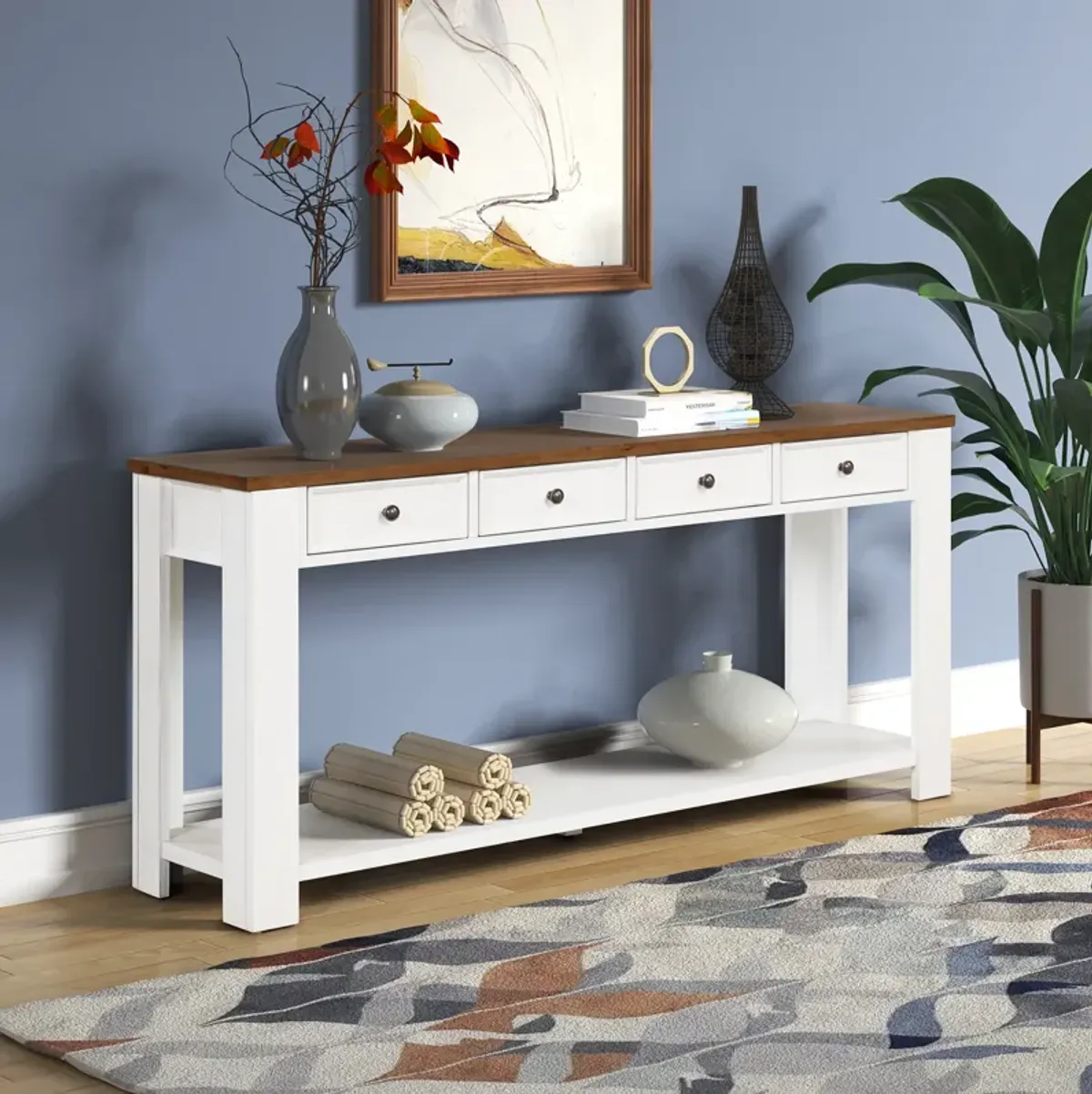 Gewnee Solid Pine Wood Console Table Entryway table with Drawers and Shelves, White