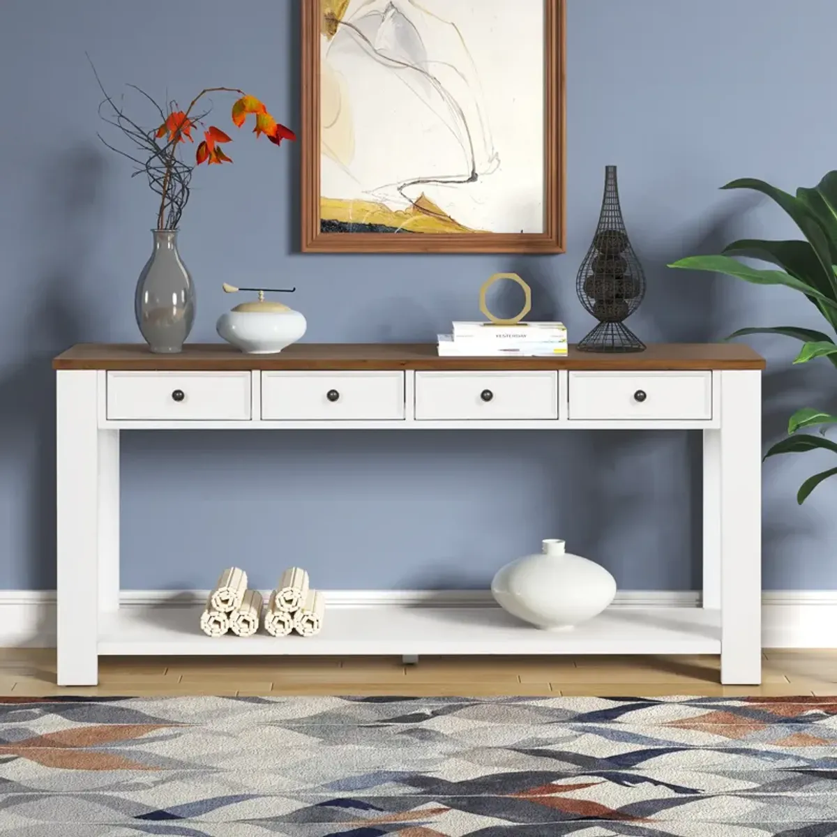 Gewnee Solid Pine Wood Console Table Entryway table with Drawers and Shelves, White