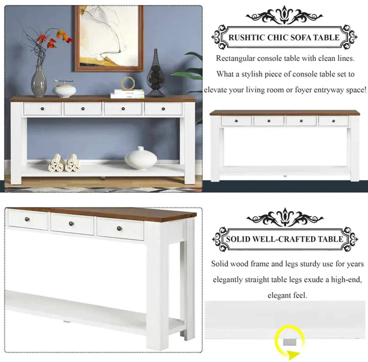 Gewnee Solid Pine Wood Console Table Entryway table with Drawers and Shelves, White