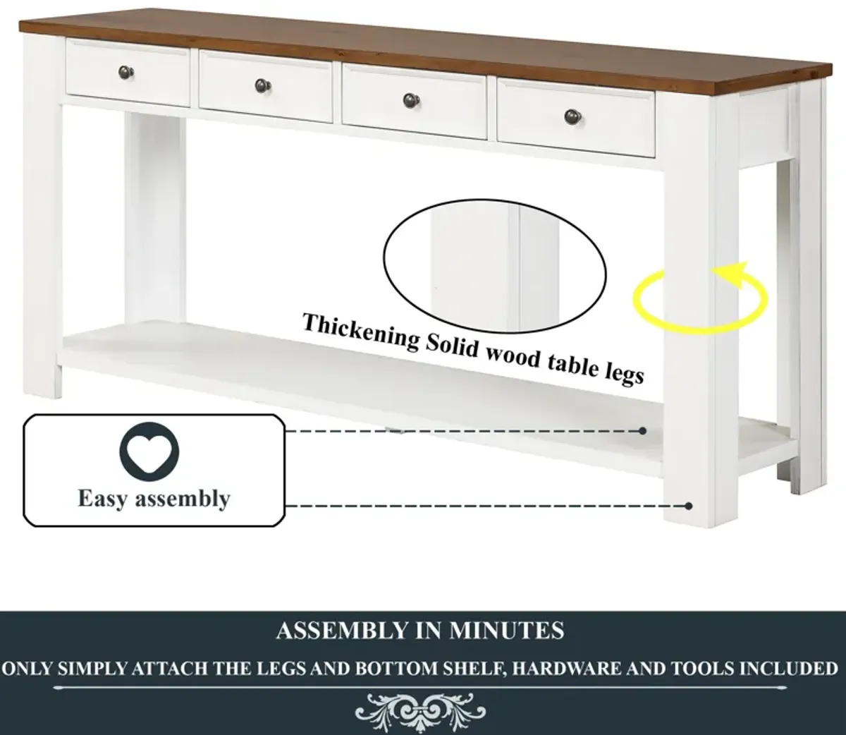 Gewnee Solid Pine Wood Console Table Entryway table with Drawers and Shelves, White