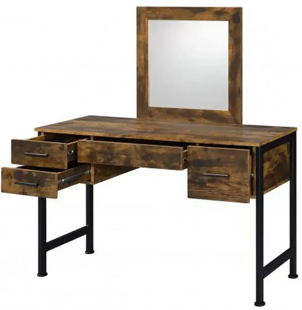 Vanity Desk with 4 Drawers and Square Mirror, Brown and Black-Benzara