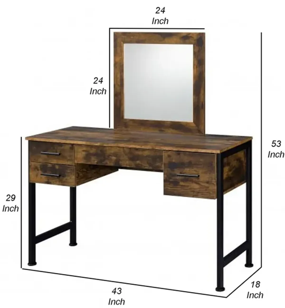 Vanity Desk with 4 Drawers and Square Mirror, Brown and Black-Benzara