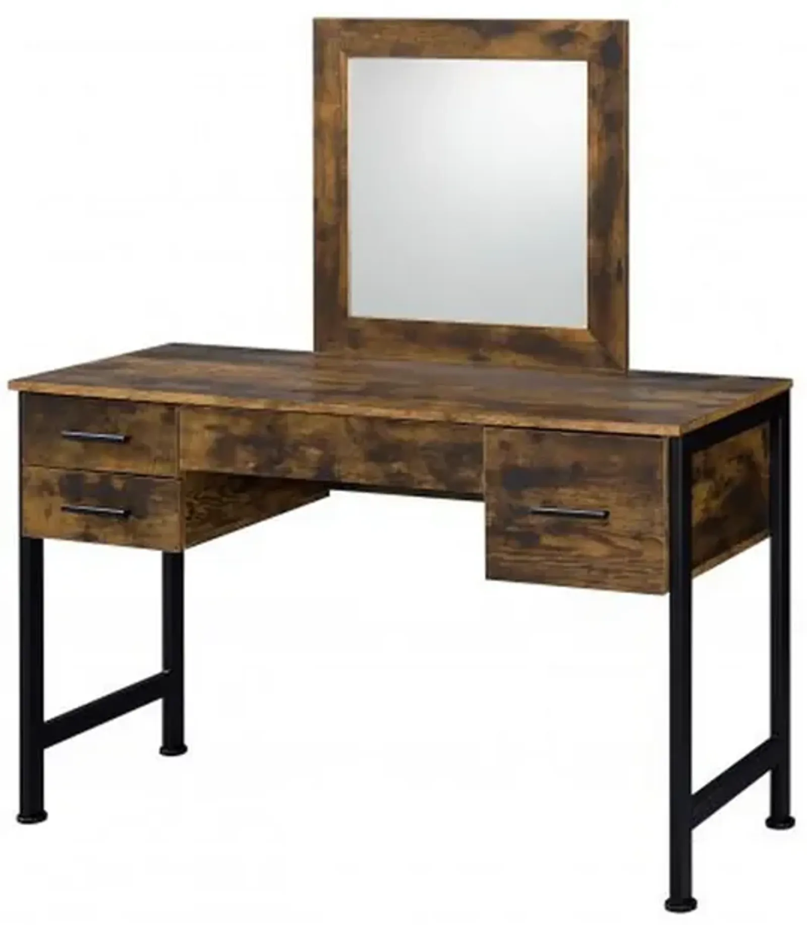 Vanity Desk with 4 Drawers and Square Mirror, Brown and Black-Benzara