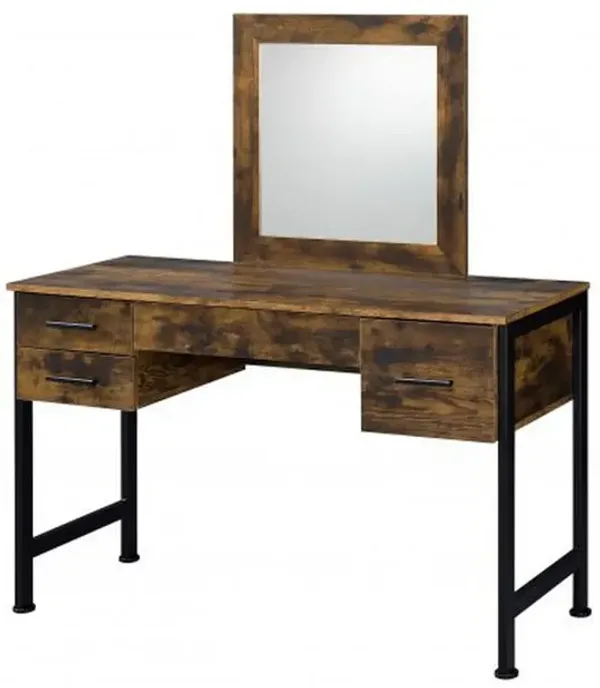Vanity Desk with 4 Drawers and Square Mirror, Brown and Black - Benzara