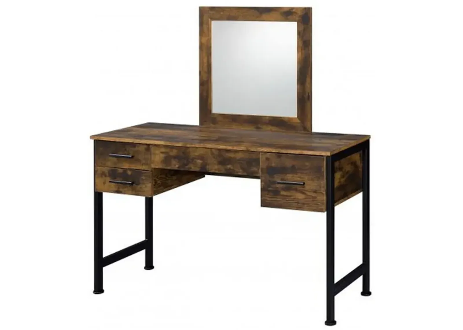 Vanity Desk with 4 Drawers and Square Mirror, Brown and Black-Benzara