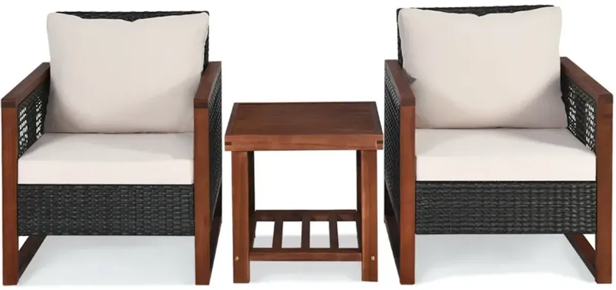 3 Pieces Patio Wicker Furniture Set with Washable Cushion and Acacia Wood Coffee Table