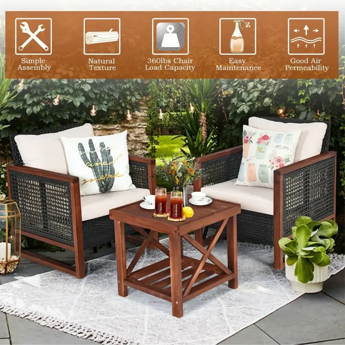 3 Pieces Patio Wicker Furniture Set with Washable Cushion and Acacia Wood Coffee Table