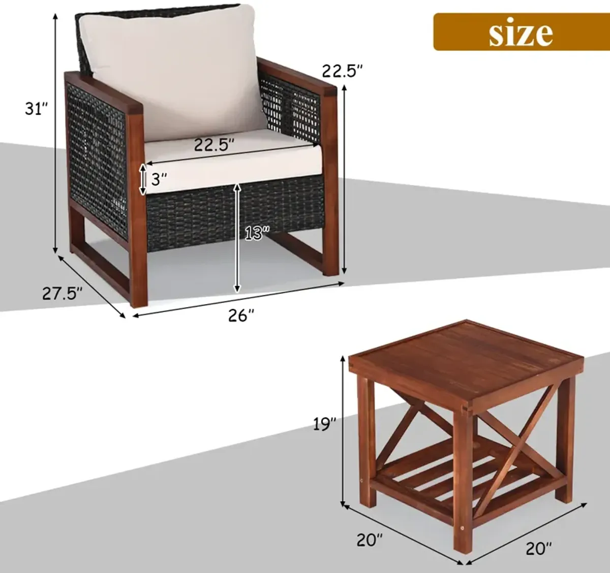 3 Pieces Patio Wicker Furniture Set with Washable Cushion and Acacia Wood Coffee Table