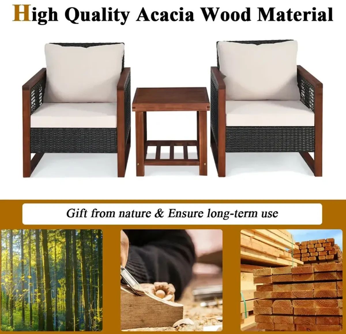 3 Pieces Patio Wicker Furniture Set with Washable Cushion and Acacia Wood Coffee Table