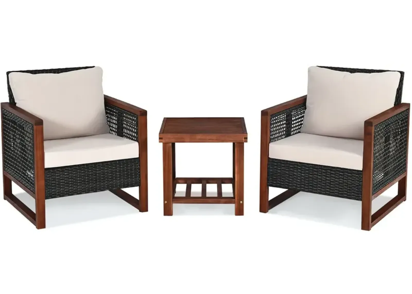 3 Pieces Patio Wicker Furniture Set with Washable Cushion and Acacia Wood Coffee Table