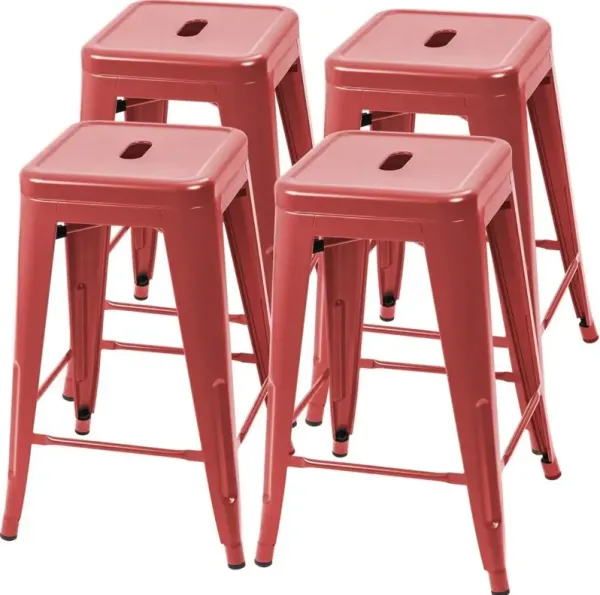 Hivvago Set of 4 - 24-in. Indoor/Outdoor Backless Stacking Red Metal Barstools