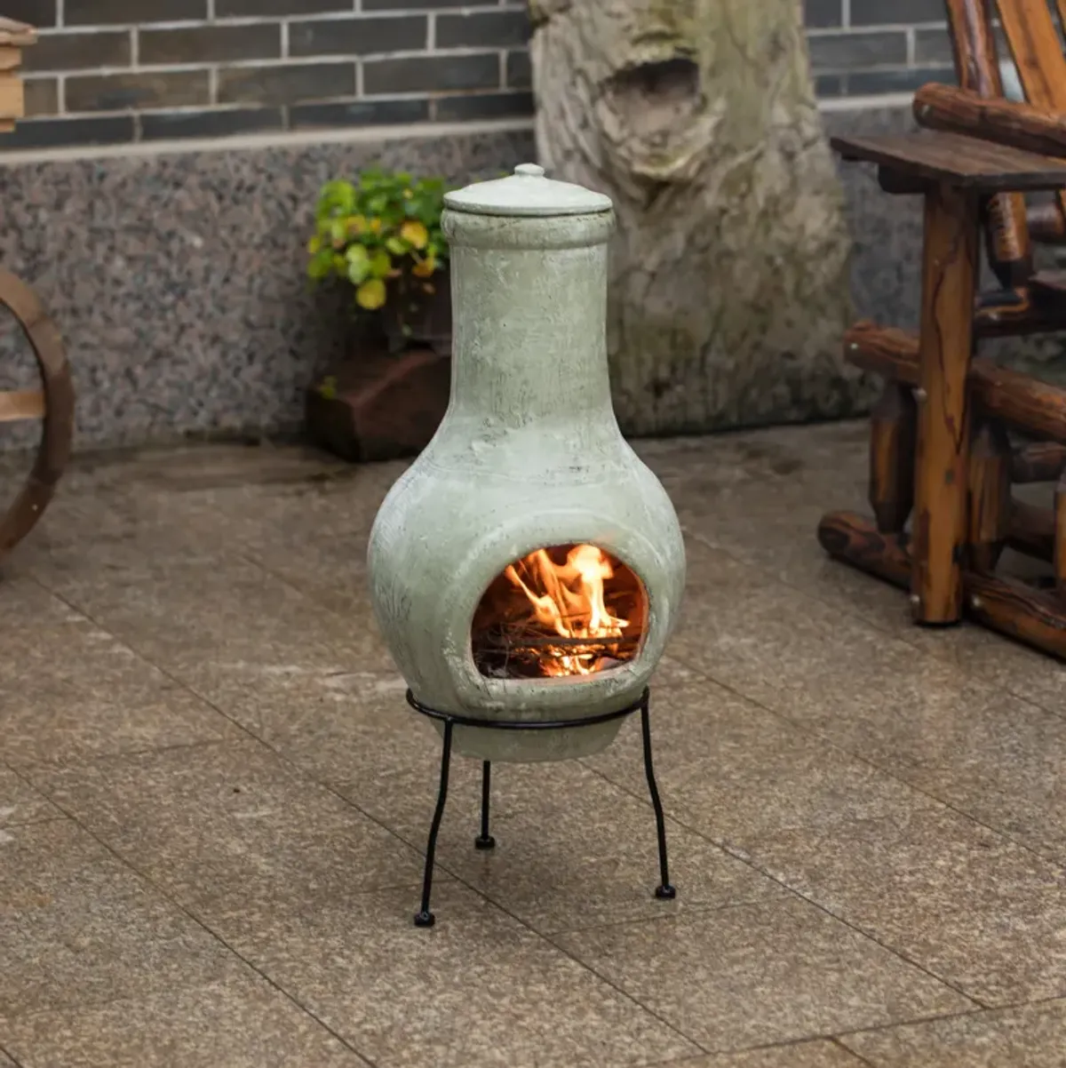 Beige Outdoor Clay Chiminea Outdoor Fireplace Scribbled Design Charcoal Burning Fire Pit with Sturdy Metal Stand, Barbecue, Cocktail Party, Family Gathering, Cozy Nights Fire Pit