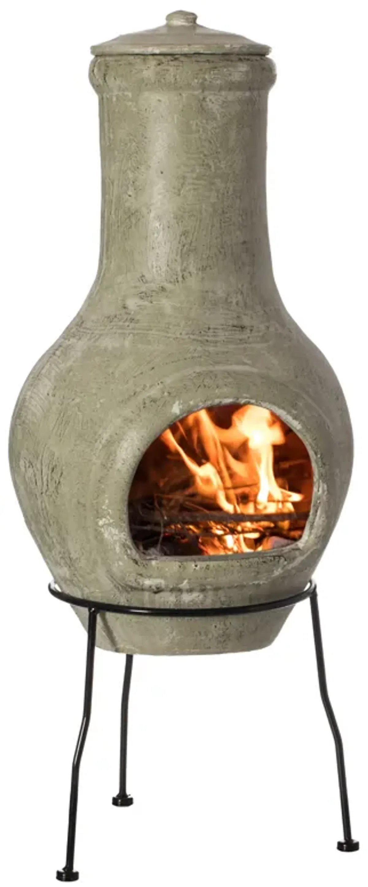 Beige Outdoor Clay Chiminea Outdoor Fireplace Scribbled Design Charcoal Burning Fire Pit with Sturdy Metal Stand, Barbecue, Cocktail Party, Family Gathering, Cozy Nights Fire Pit