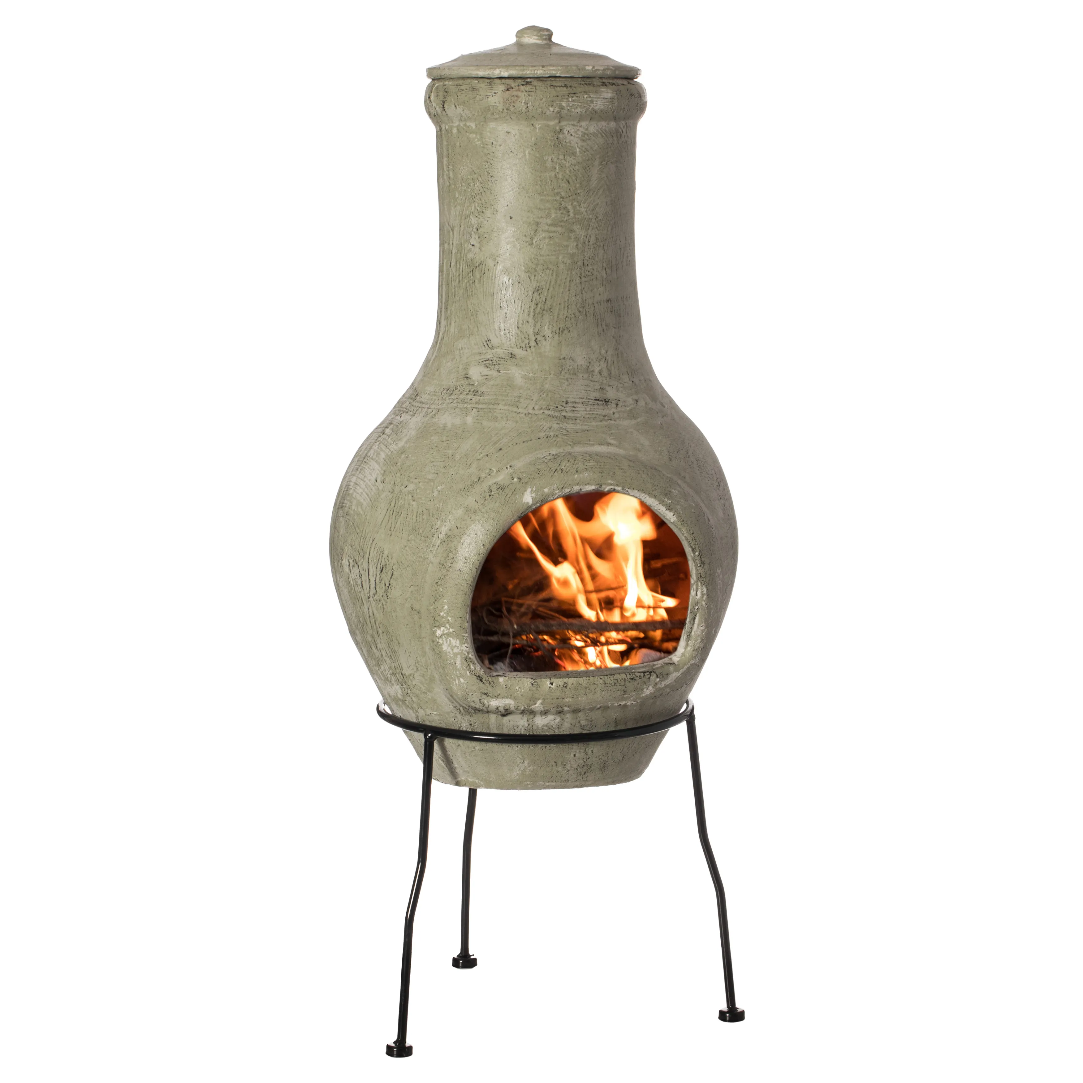 Beige Outdoor Clay Chiminea Outdoor Fireplace Scribbled Design Charcoal Burning Fire Pit with Sturdy Metal Stand, Barbecue, Cocktail Party, Family Gathering, Cozy Nights Fire Pit