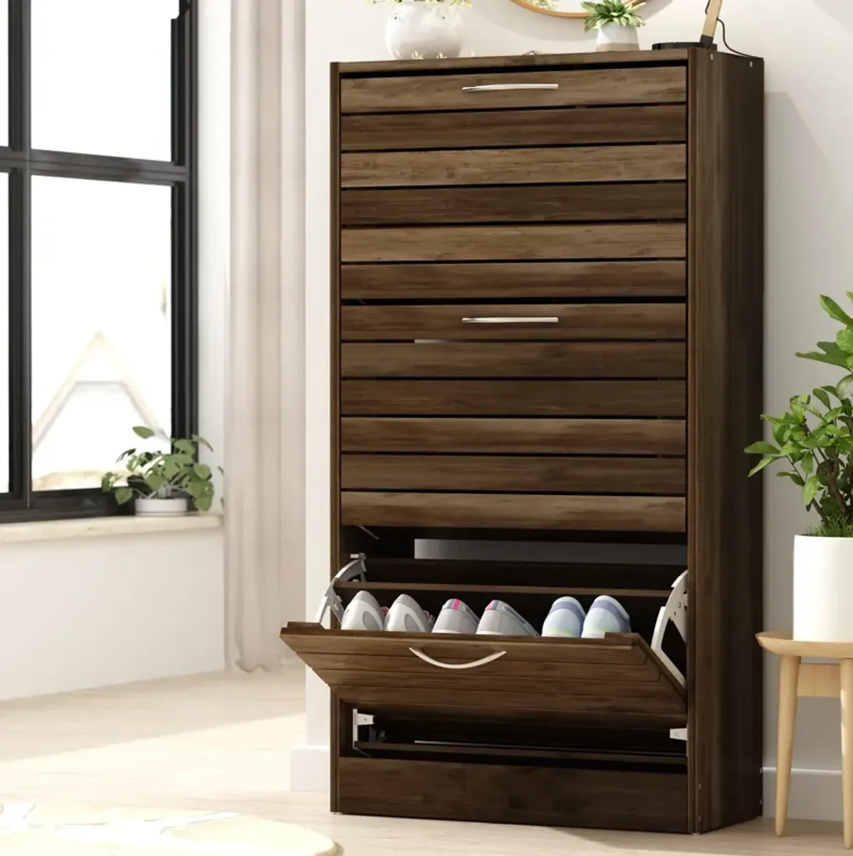 42.3 in. H x 22.4 in. W, Brown Wood Grain Environment-Friendly High-Quality Particle Board Shoe Storage Cabinet