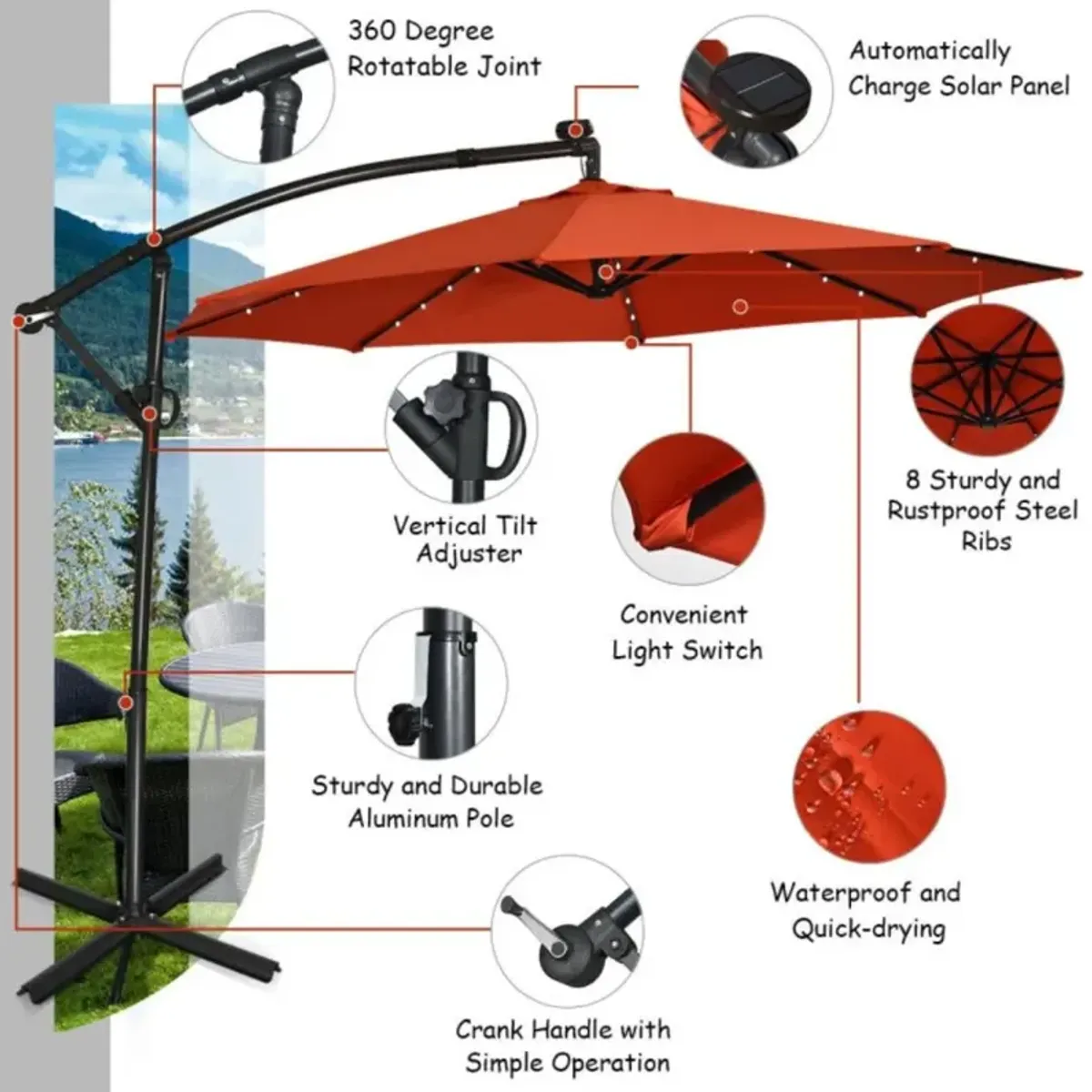 Hivvago 10 Feet 360° Rotation Solar Powered LED Patio Offset Umbrella without Weight Base