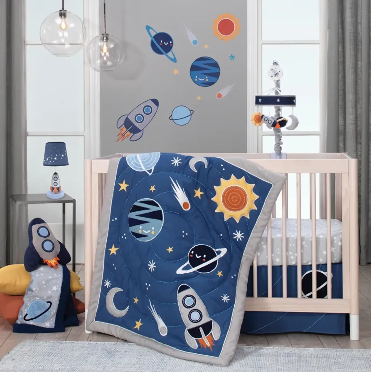 Lambs & Ivy Milky Way Blue/Silver Rocket Ship Nursery Lamp with Shade & Bulb