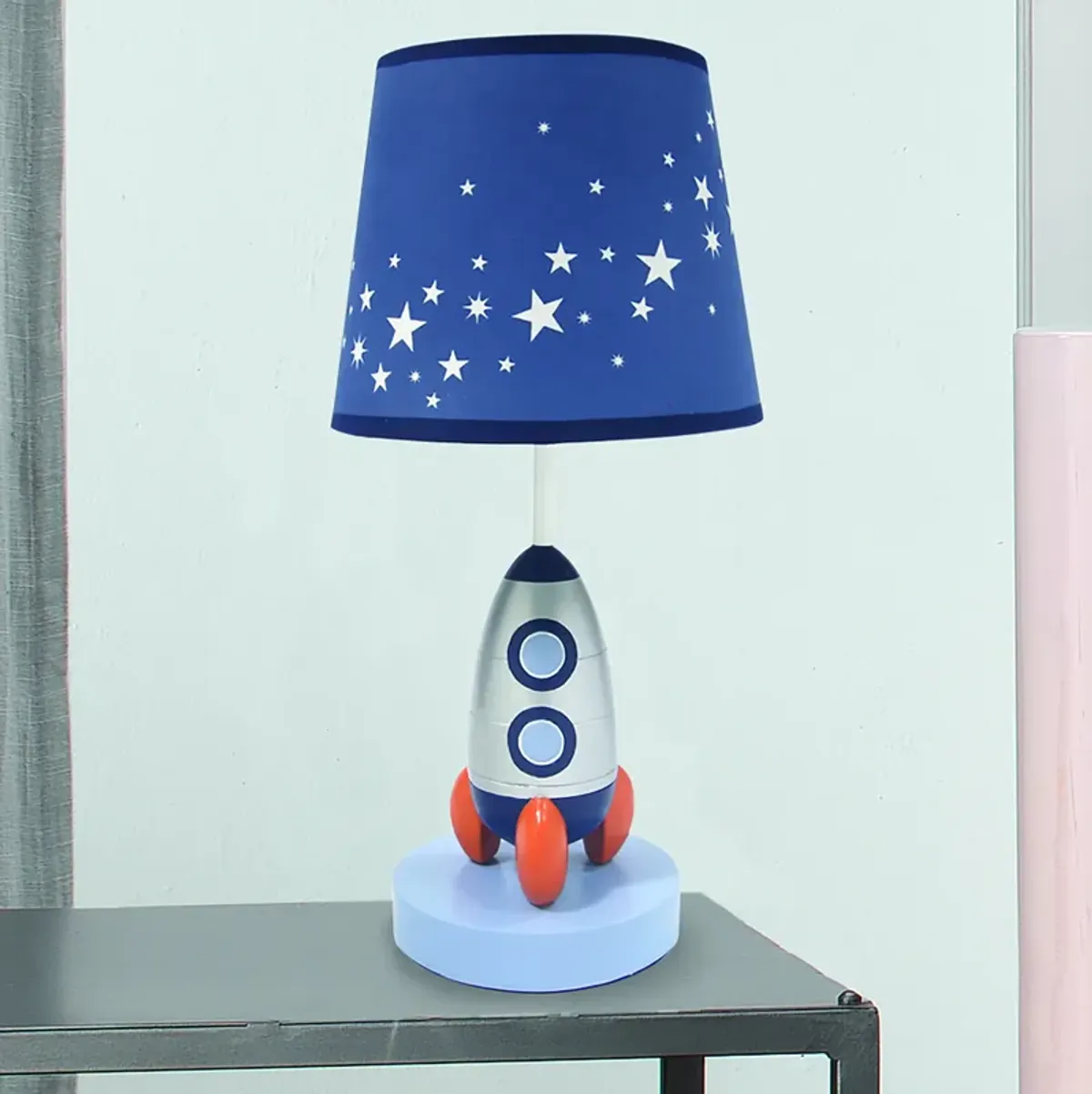 Lambs & Ivy Milky Way Blue/Silver Rocket Ship Nursery Lamp with Shade & Bulb