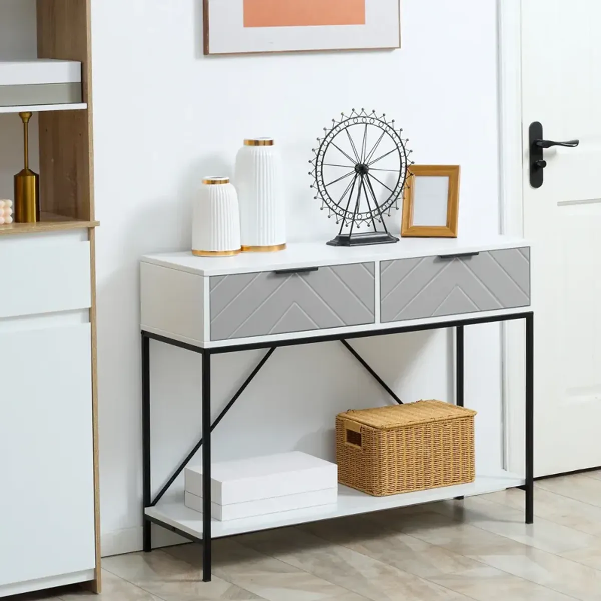 White Entryway Table: Modern Console with Drawers & Open Shelf