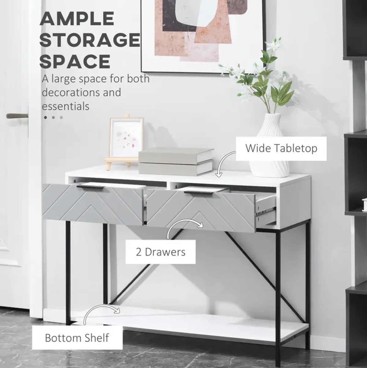 White Entryway Table: Modern Console with Drawers & Open Shelf