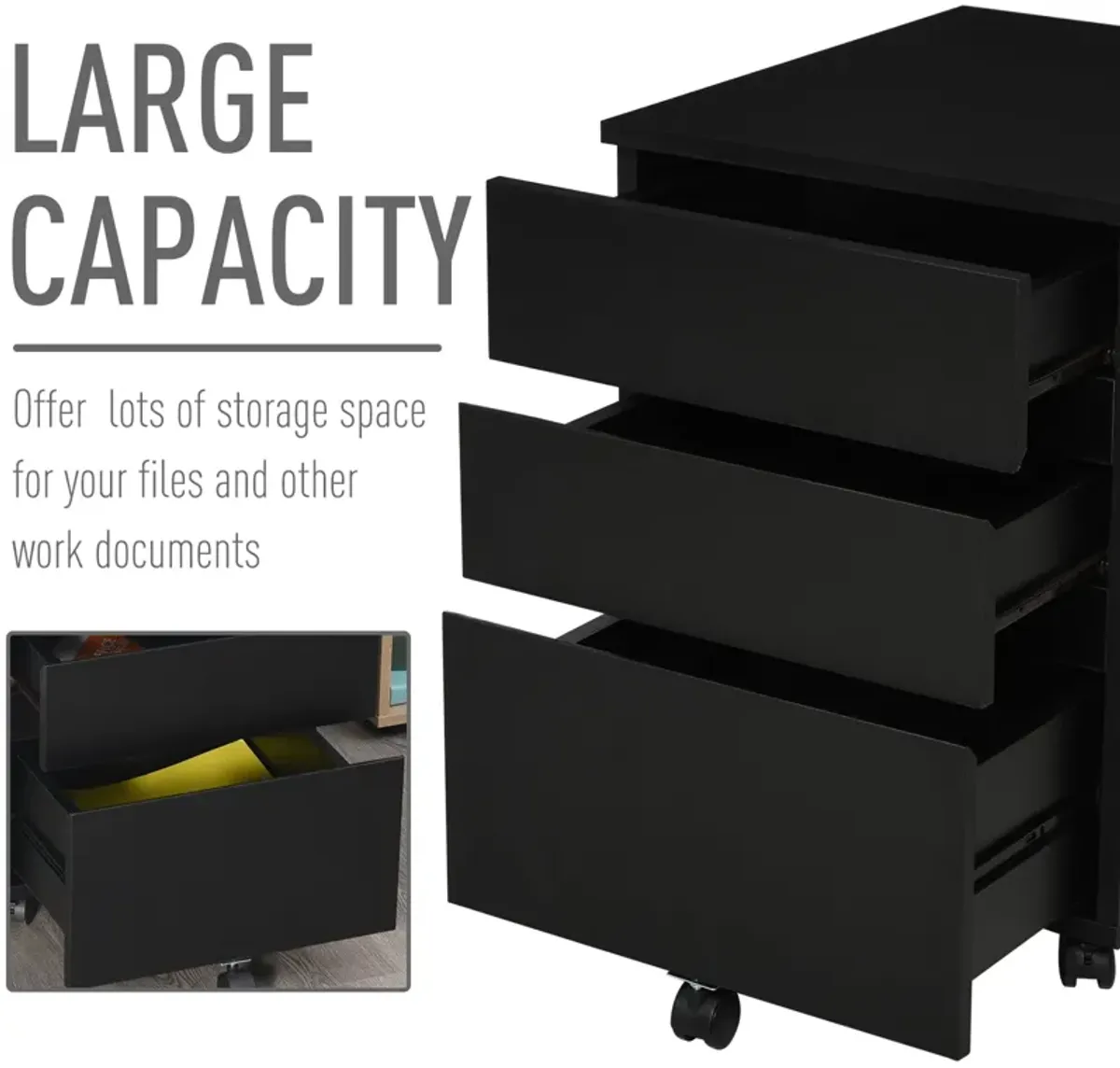 Black Office Assistant: 3-Drawer Mobile File Cabinet/Printer Stand