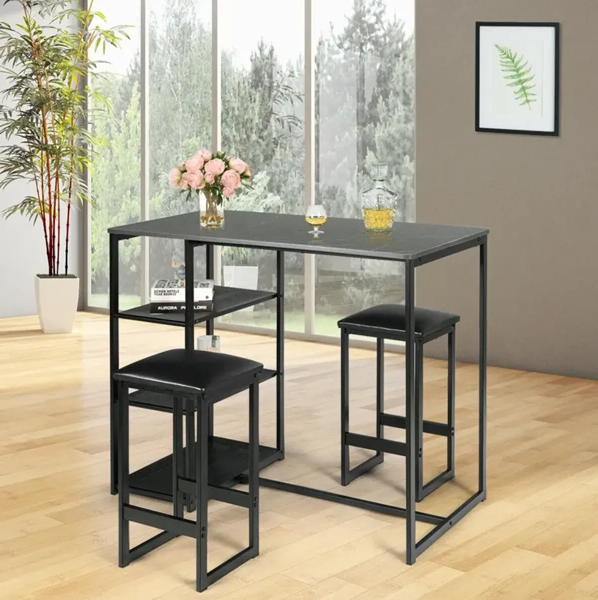 3 pcs Dining Set with Faux Marble Top Table and 2 Stools-Black