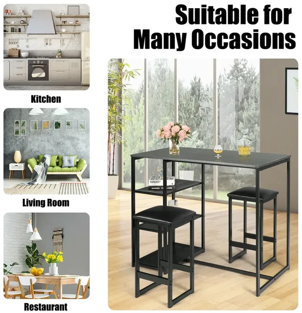 3 pcs Dining Set with Faux Marble Top Table and 2 Stools-Black