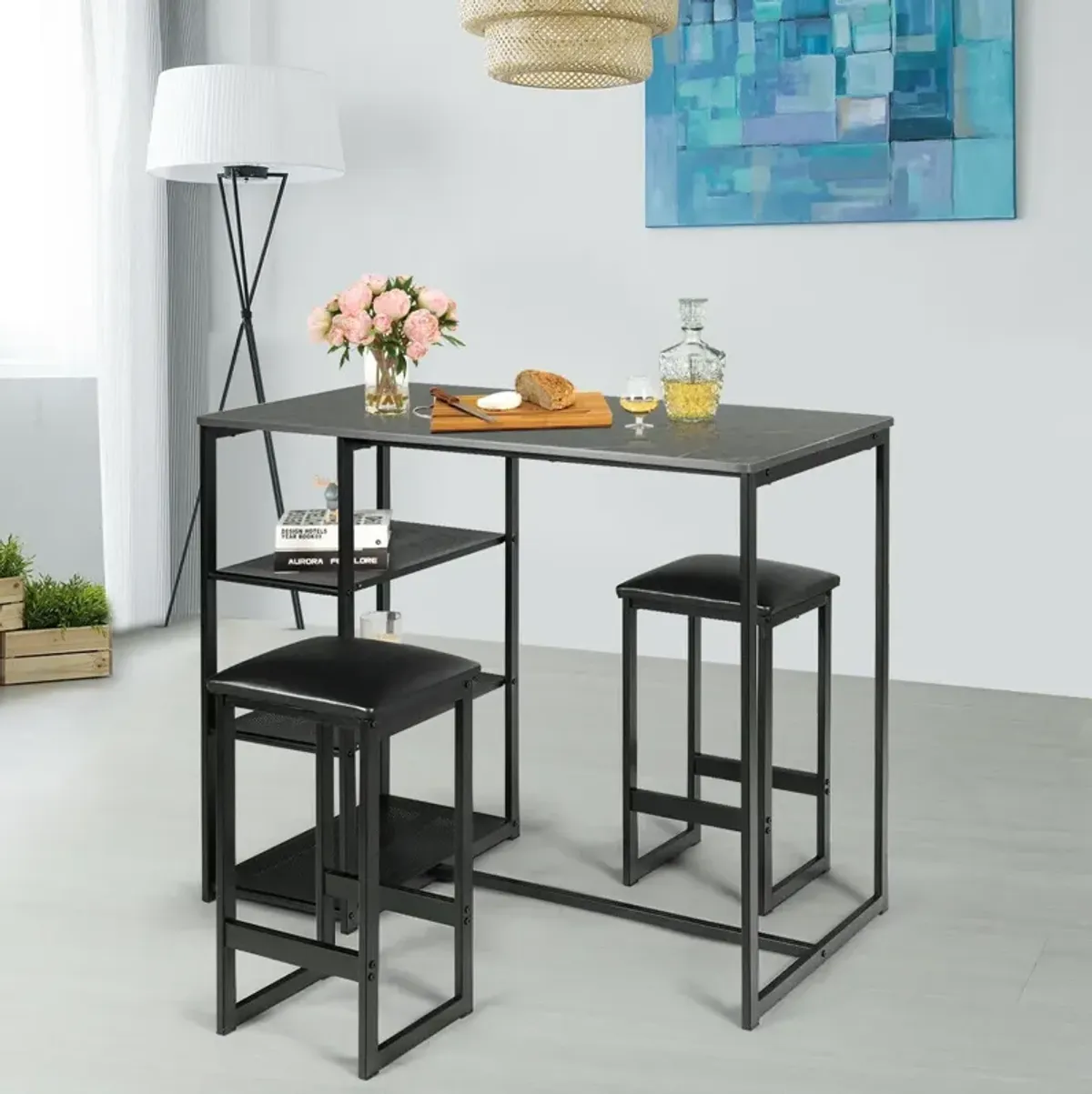 3 pcs Dining Set with Faux Marble Top Table and 2 Stools-Black