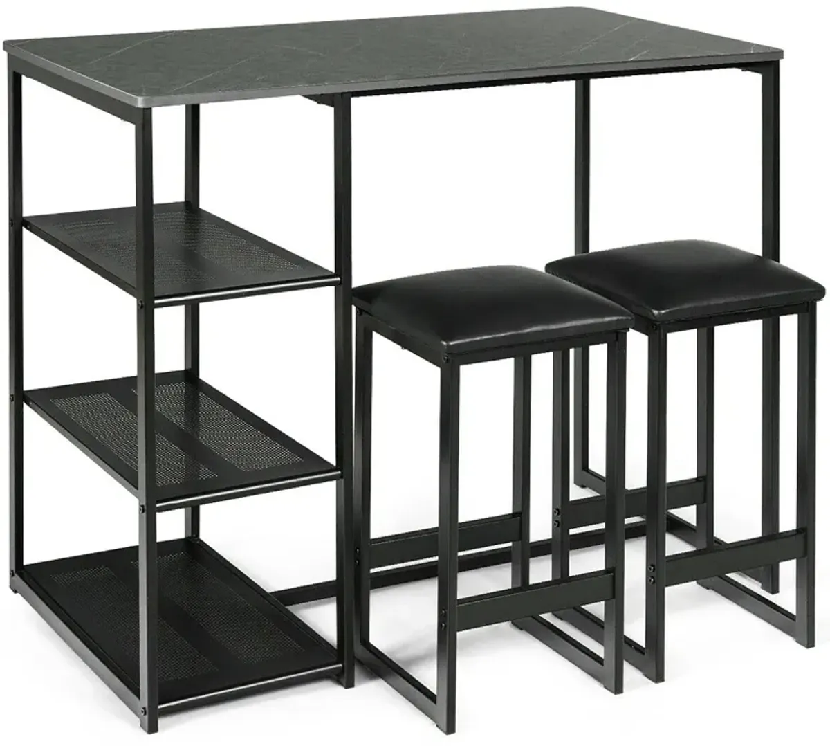 3 pcs Dining Set with Faux Marble Top Table and 2 Stools-Black