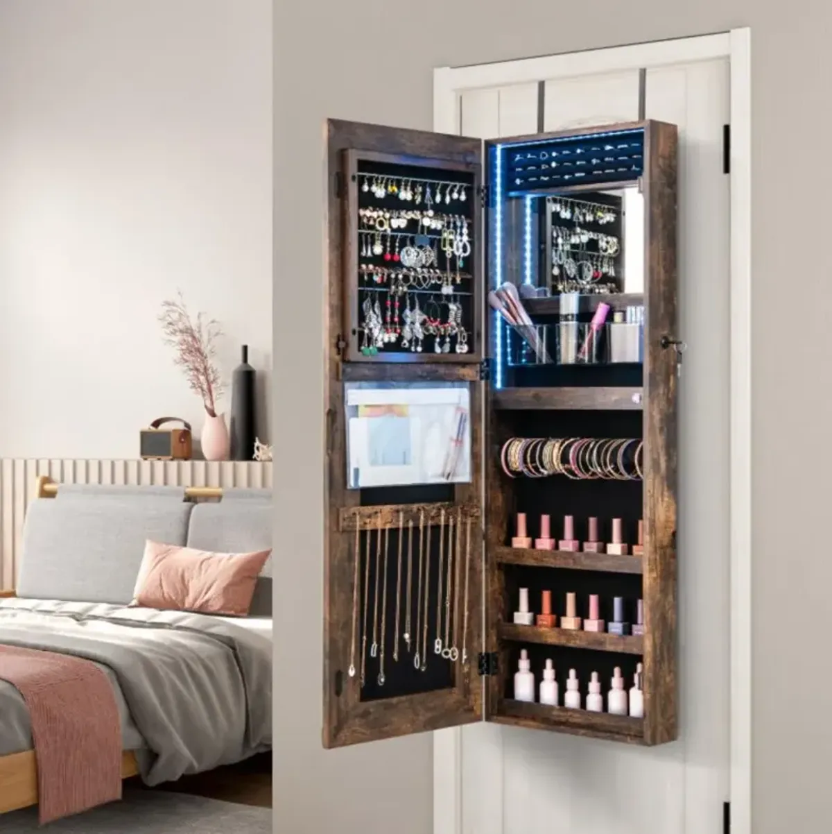 Hivvago 42.5 Inches Lockable Jewelry Mirror Wall Cabinet with 3-Color LED Lights-Rustic Brown