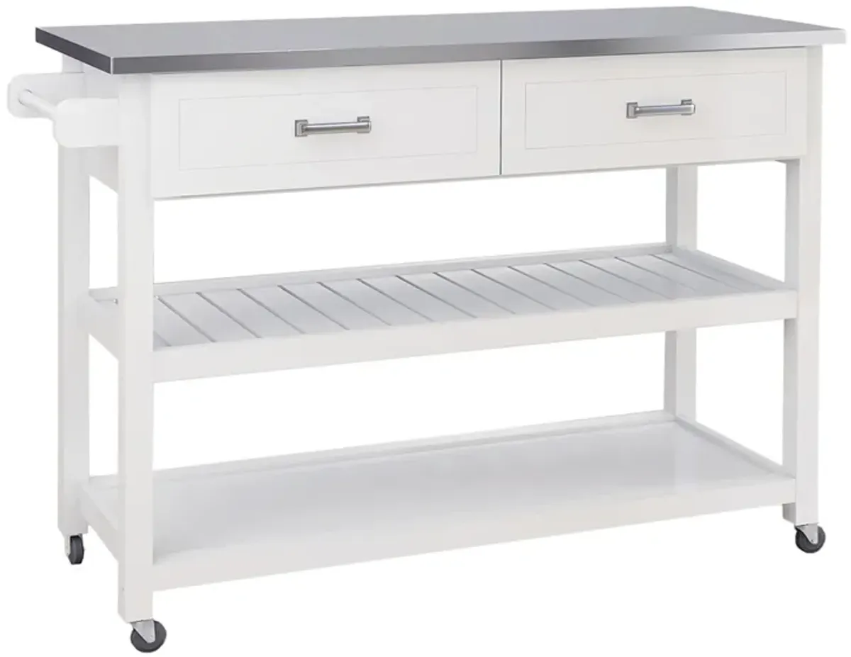 White Wood 47.24 in. Kitchen Island with Stainless Steel Top and Wheels