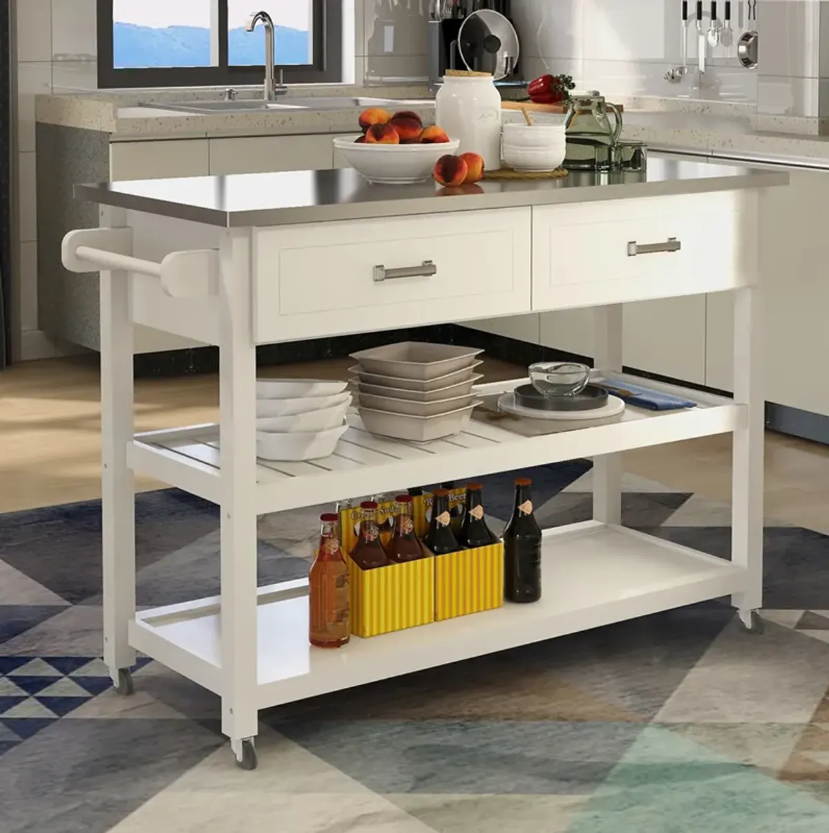 White Wood 47.24 in. Kitchen Island with Stainless Steel Top and Wheels