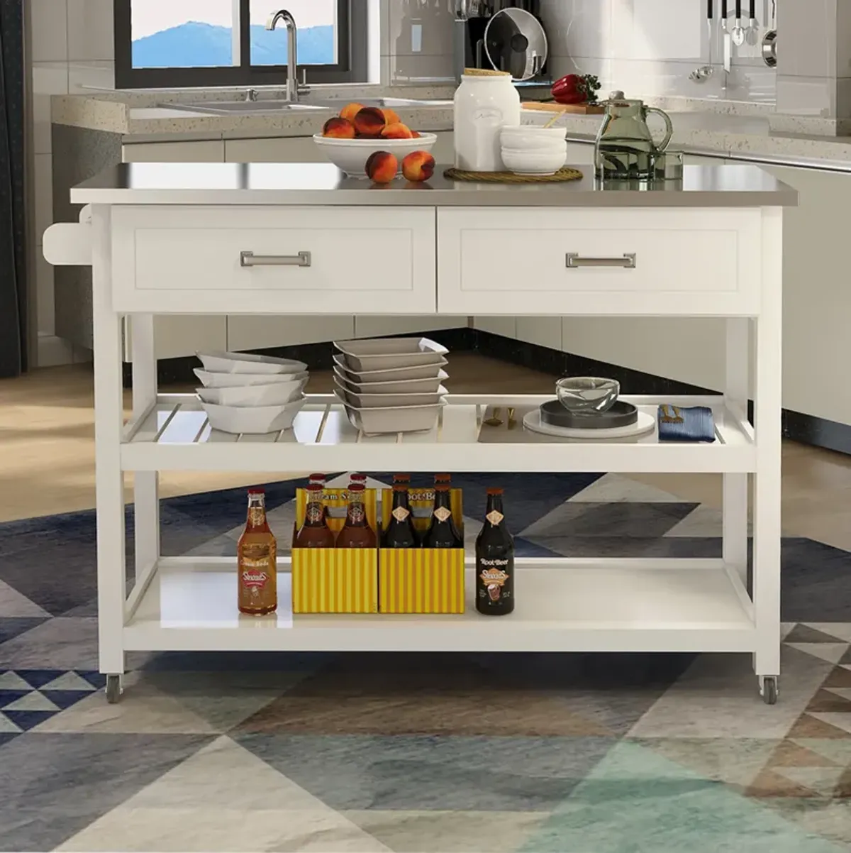 White Wood 47.24 in. Kitchen Island with Stainless Steel Top and Wheels