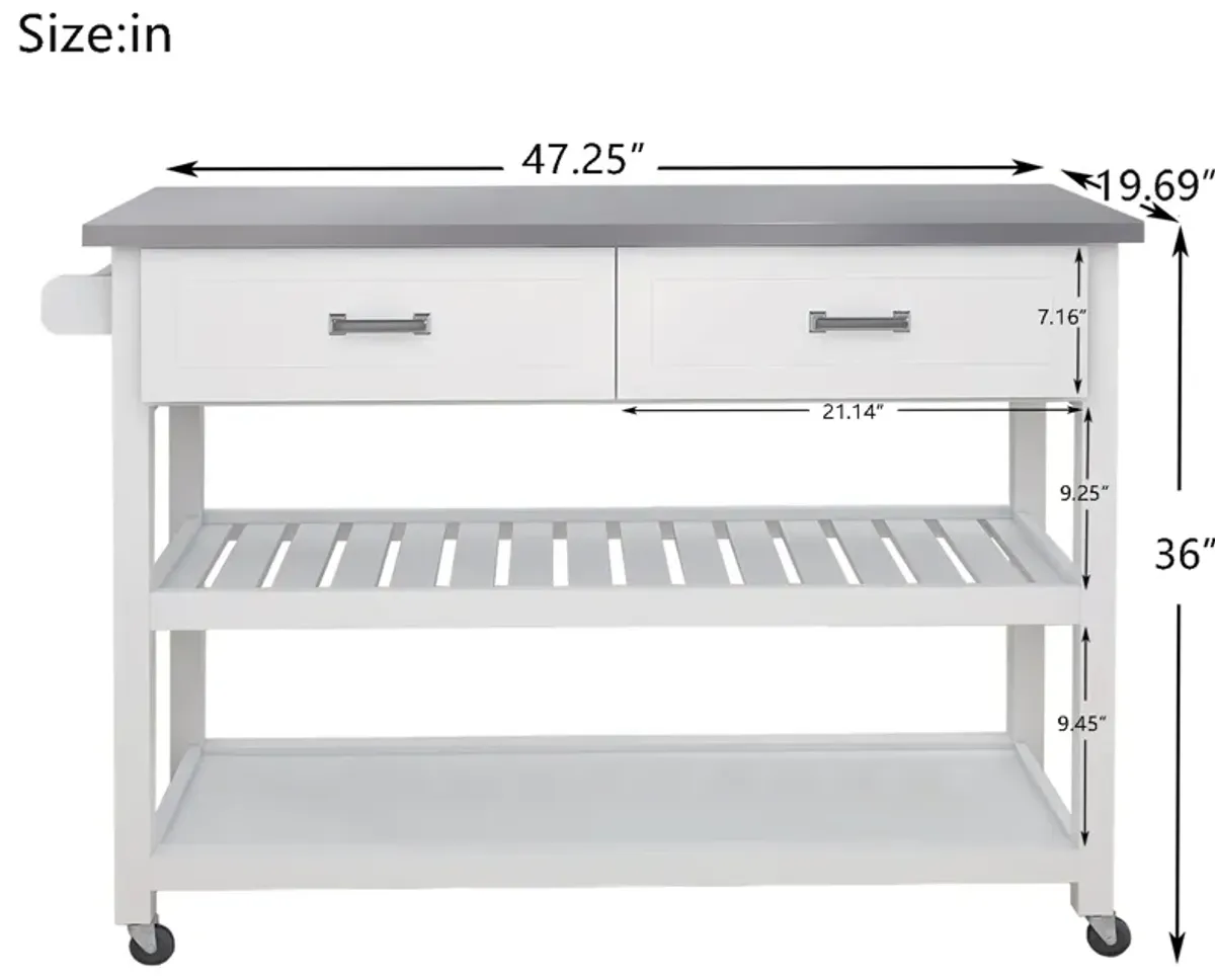 White Wood 47.24 in. Kitchen Island with Stainless Steel Top and Wheels