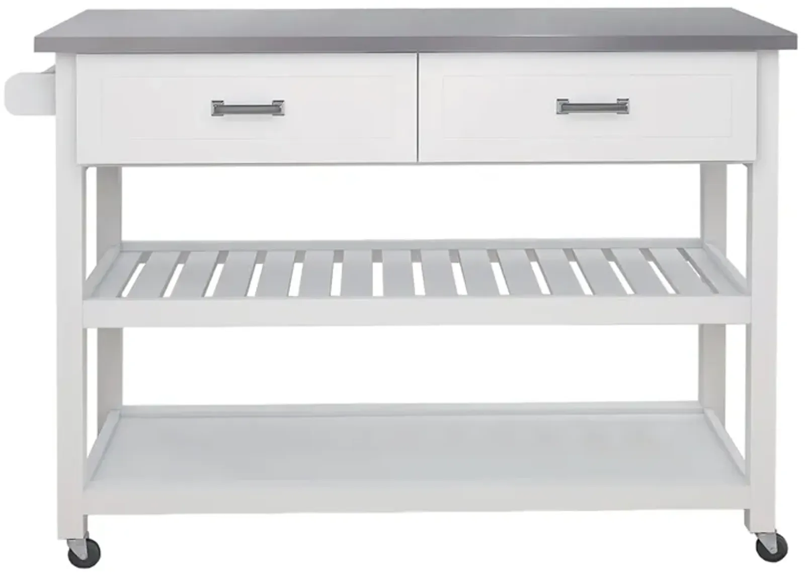 White Wood 47.24 in. Kitchen Island with Stainless Steel Top and Wheels