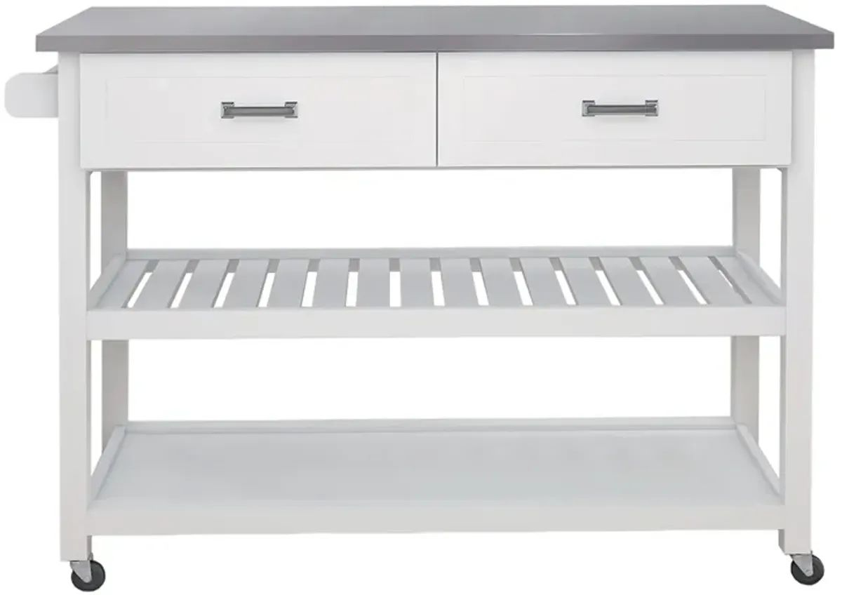 White Wood 47.24 in. Kitchen Island with Stainless Steel Top and Wheels