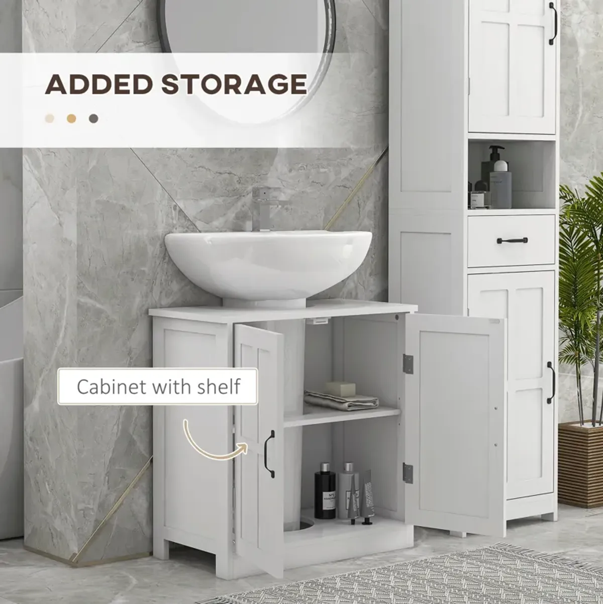 White Bathroom Storage: Pedestal Sink Cabinet with Adjustable Shelf