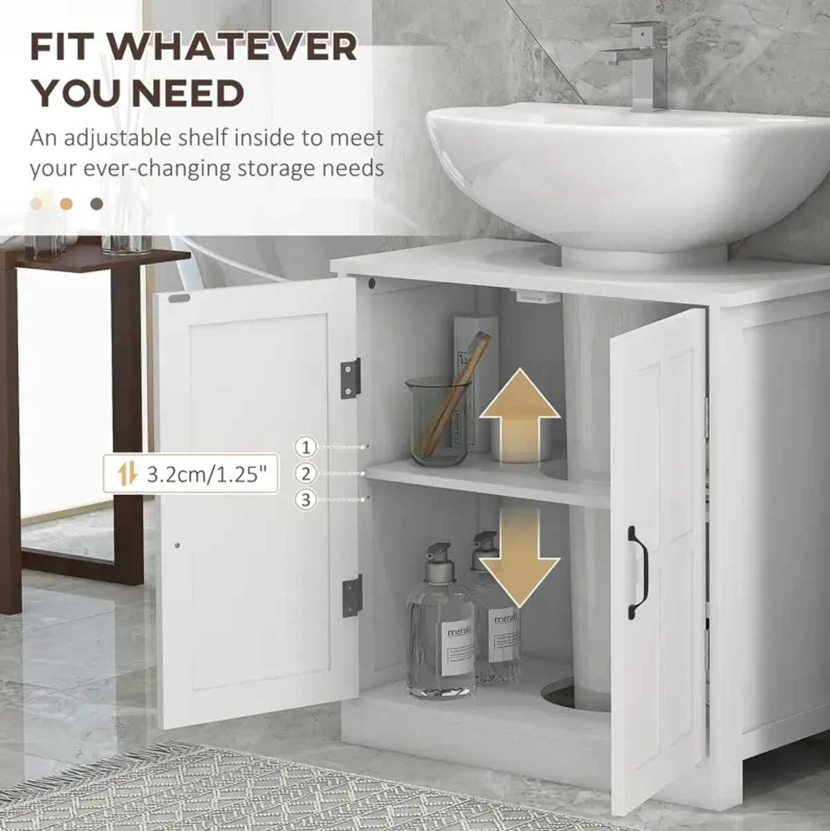 White Bathroom Storage: Pedestal Sink Cabinet with Adjustable Shelf