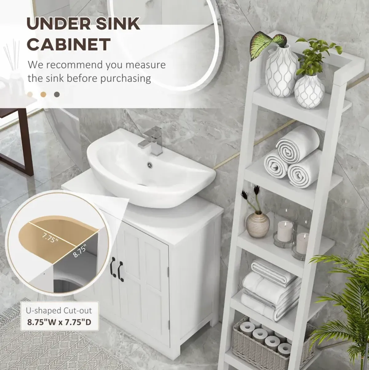 White Bathroom Storage: Pedestal Sink Cabinet with Adjustable Shelf