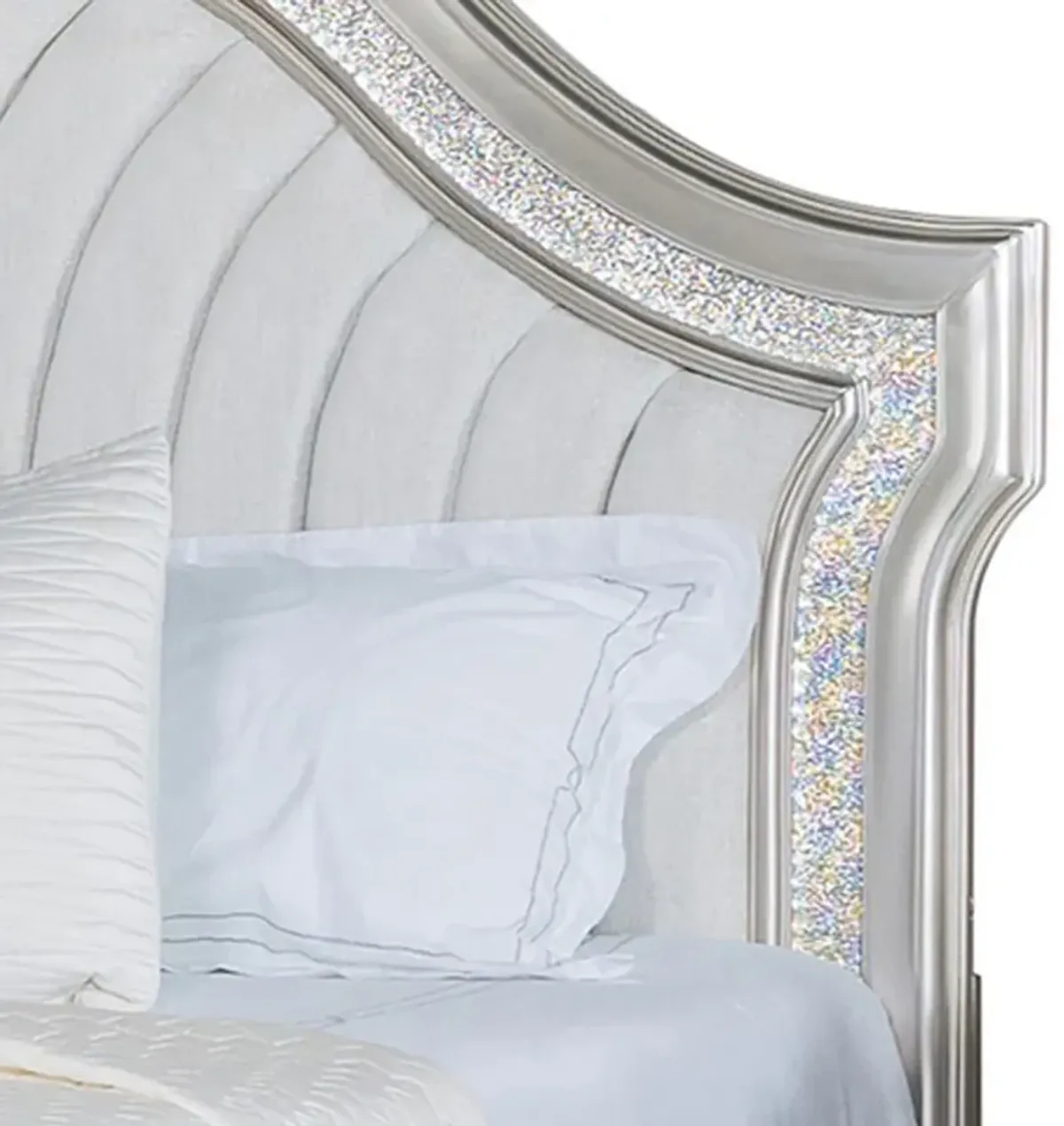 Nive California King Bed, Oak Wood, Double Arched Upholstered Headboard, Ivory Silver - Benzara