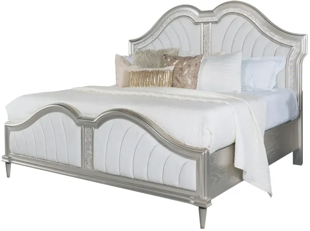 Nive California King Bed, Oak Wood, Double Arched Upholstered Headboard, Ivory Silver - Benzara