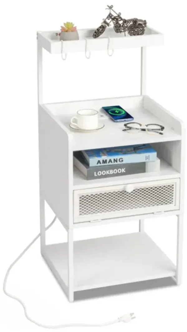 Wood and Steel Nightstand with LED Light Drawer Shelf and Charging Station