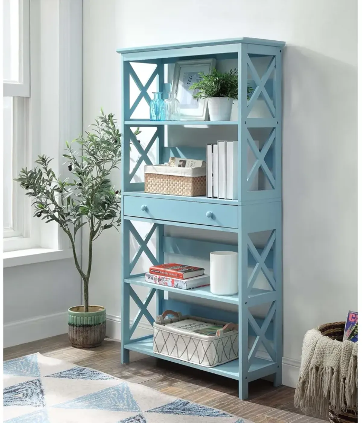 Convenience Concepts Oxford 5 Tier Bookcase with Drawer, Sea Foam