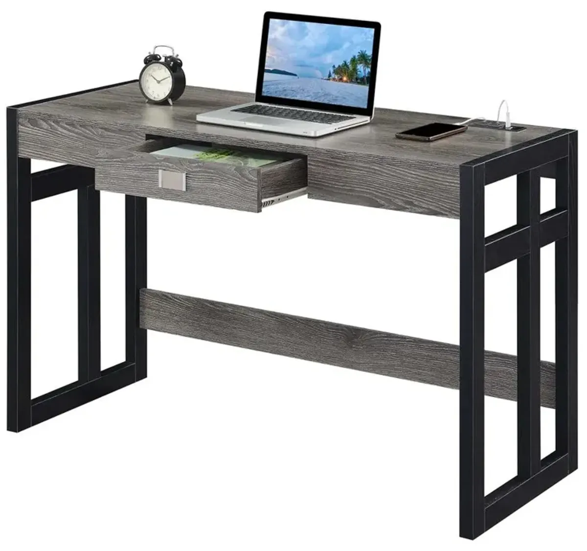 Convenience Concepts Monterey 47 Inch Desk With Charging Station, Weathered Gray/Black