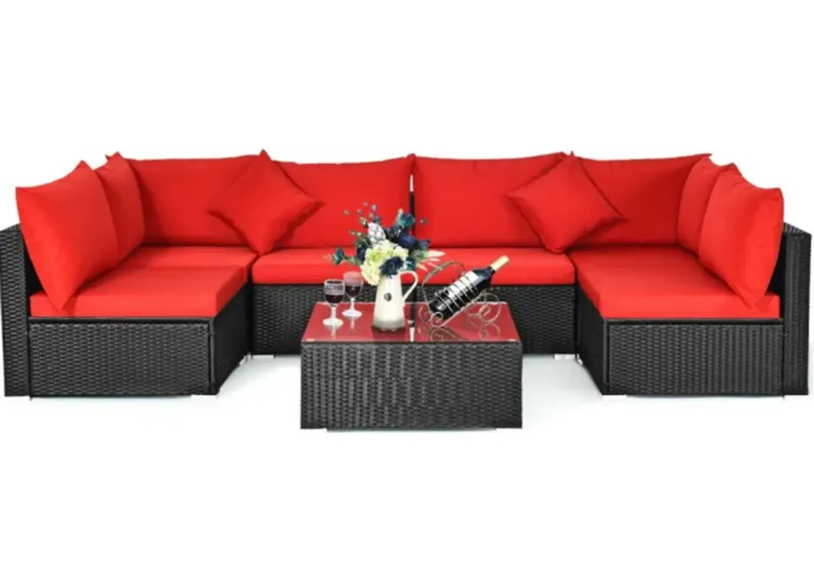 Hivvago 7 Pieces Sectional Wicker Furniture Sofa Set with Tempered Glass Top Coffee Table