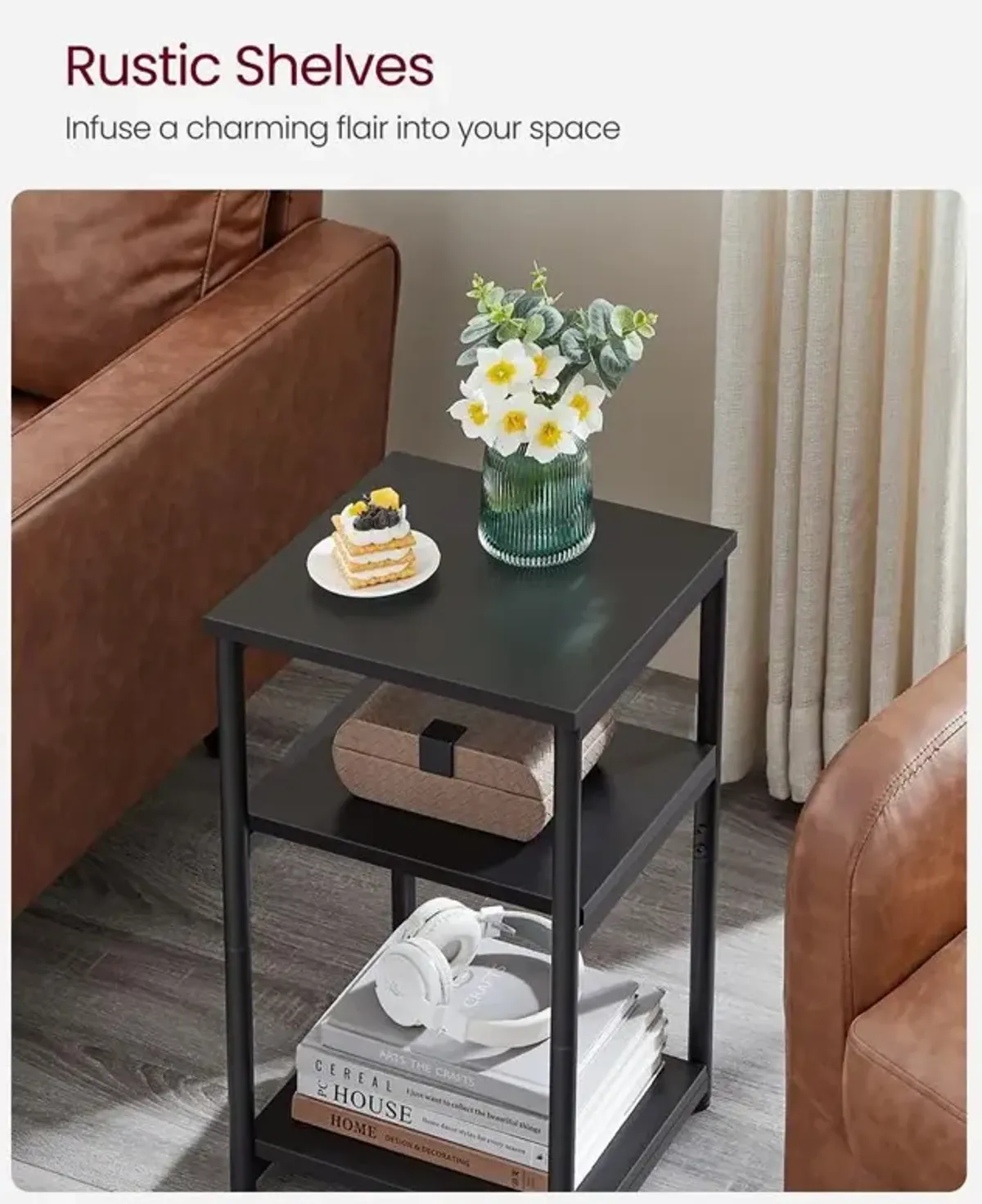 Tall Slim Side Table with Storage Shelves and Steel Frame for Living Room or Bedroom`