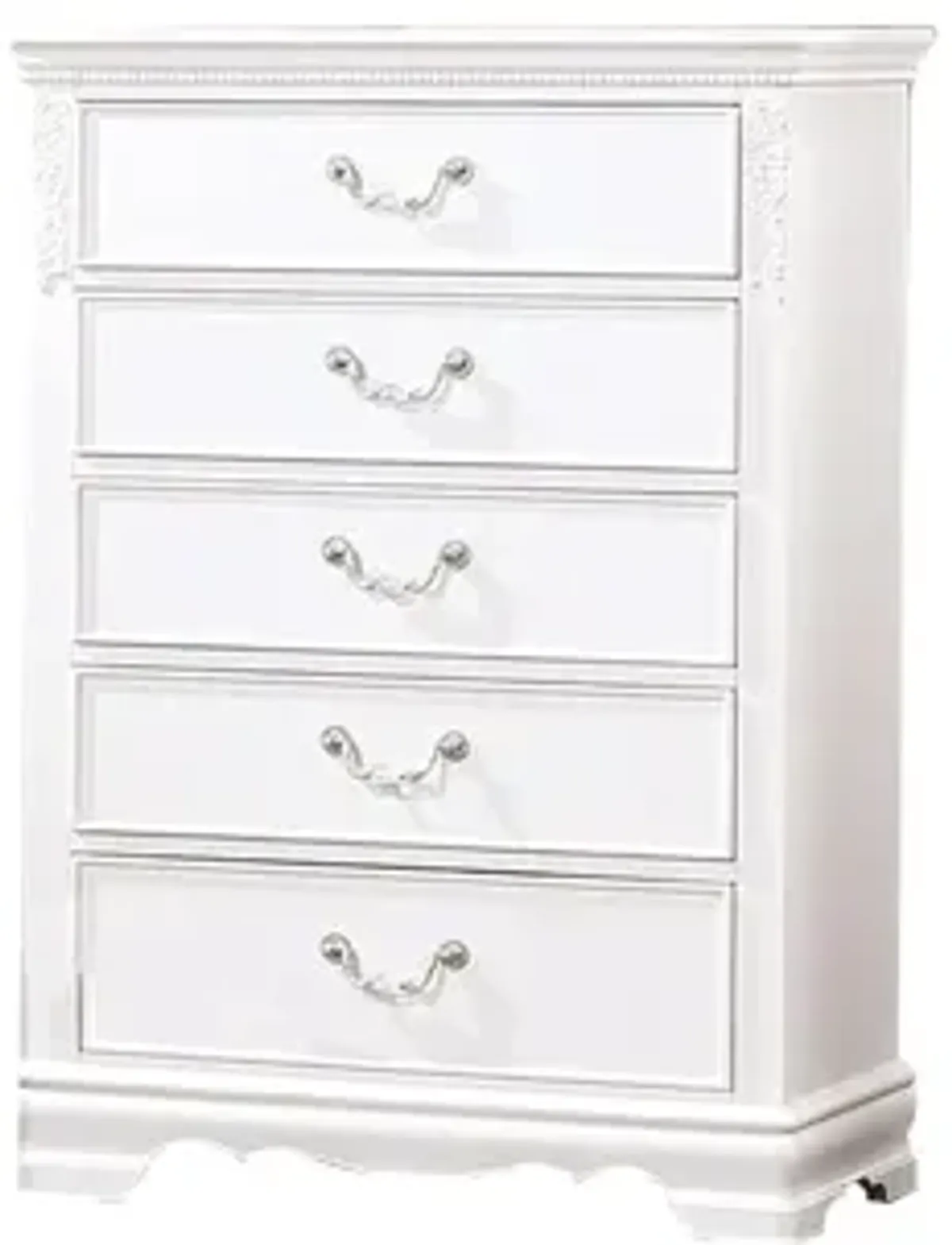 Benjara Aleci 48 Inch Tall Dresser Chest, 5 Drawers, Wood Carved, White and Nickel