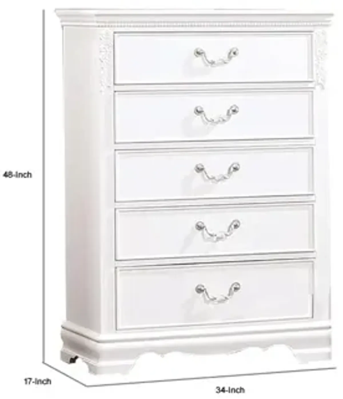 Benjara Aleci 48 Inch Tall Dresser Chest, 5 Drawers, Wood Carved, White and Nickel