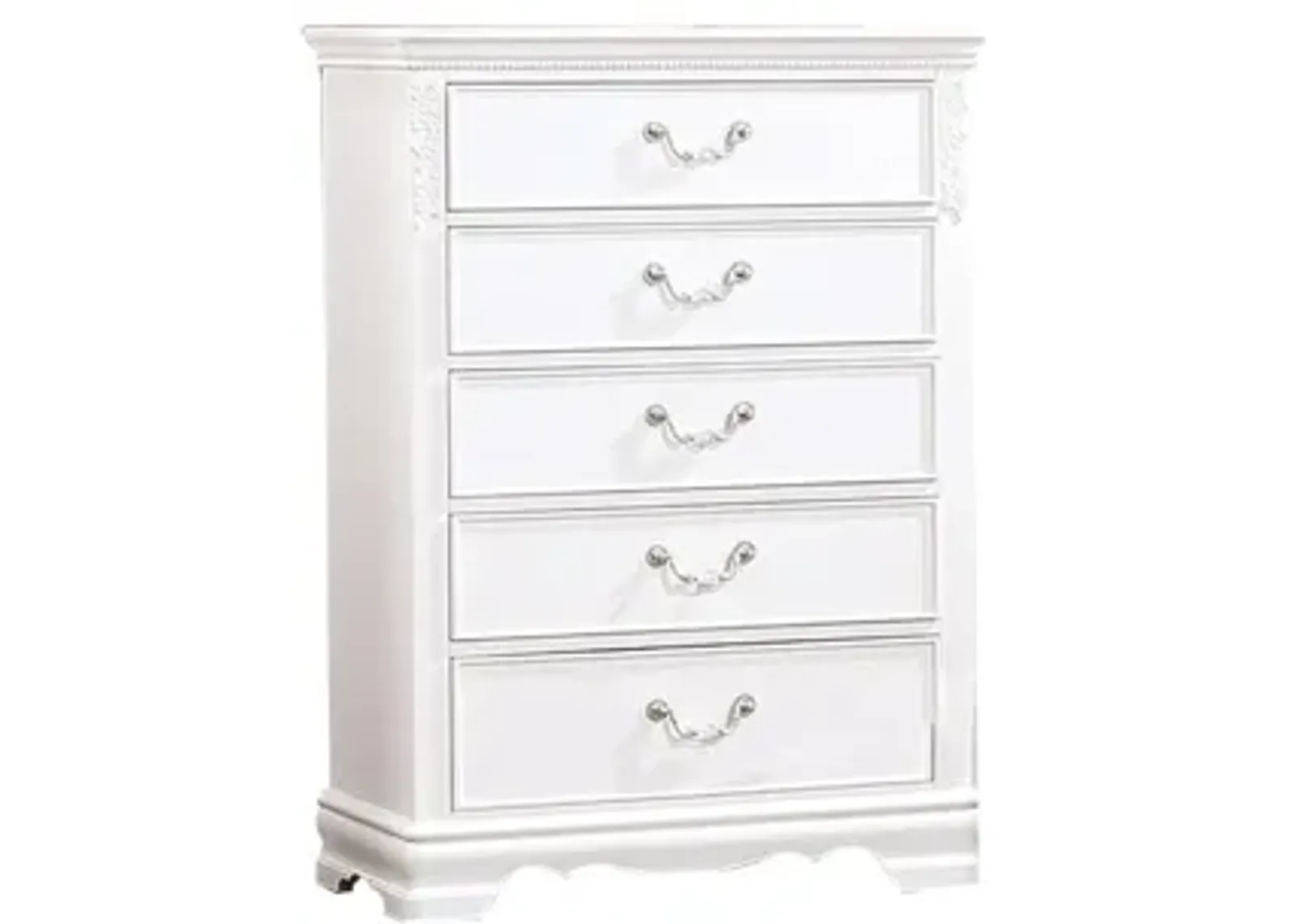 Benjara Aleci 48 Inch Tall Dresser Chest, 5 Drawers, Wood Carved, White and Nickel