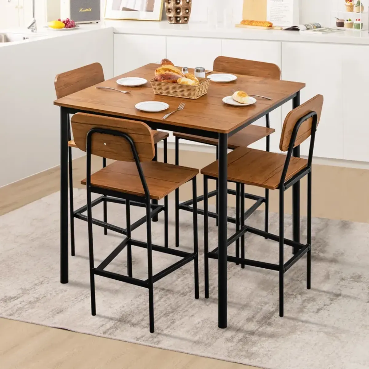 5-Piece Industrial Dining Table Set with Counter Height Table and 4 Bar Stools-Walnut